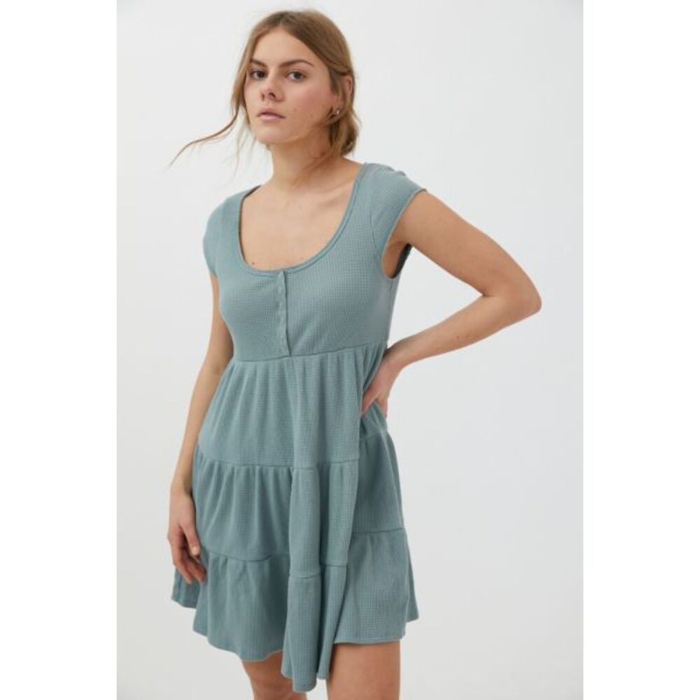 Urban Outfitters Waffle Knit Frock Tiered Dress Women Medium Blue Cap Sleeve